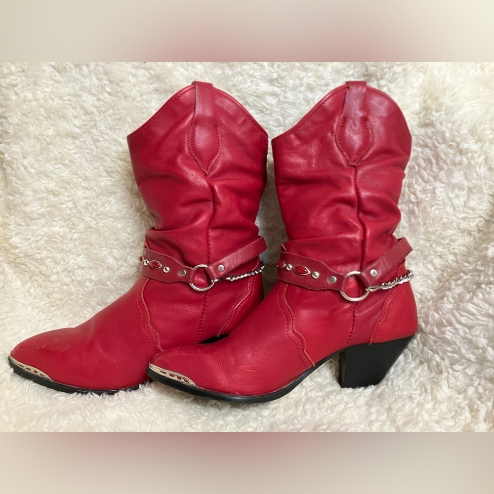 Women’s Cowgirl Red Silver Trim Western Slouch Ankle Size 7 - Picture 1 of 14